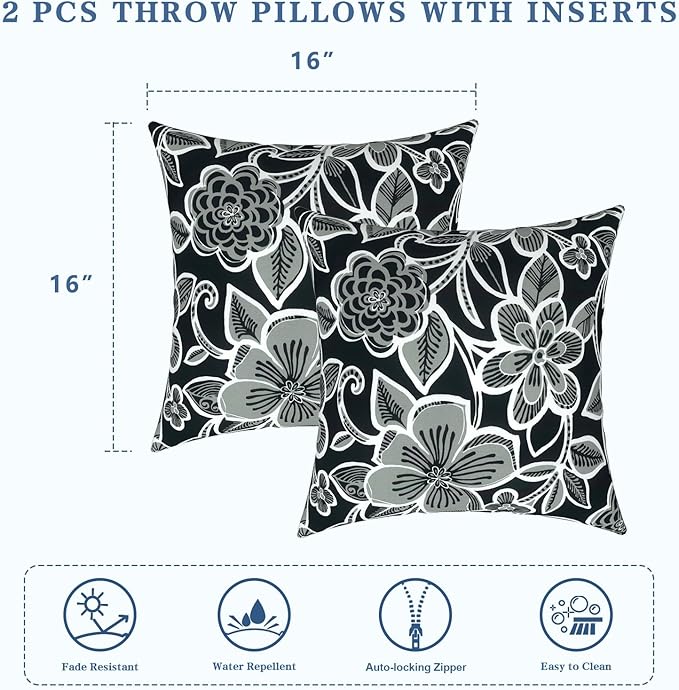 LVTXIII Outdoor Throw Pillows, Decorative Throw Pillows with Inserts, 16"x16" Square Pillows for Bed, Couch, Sofa and Patio Furniture, Set of 2, Flower Black