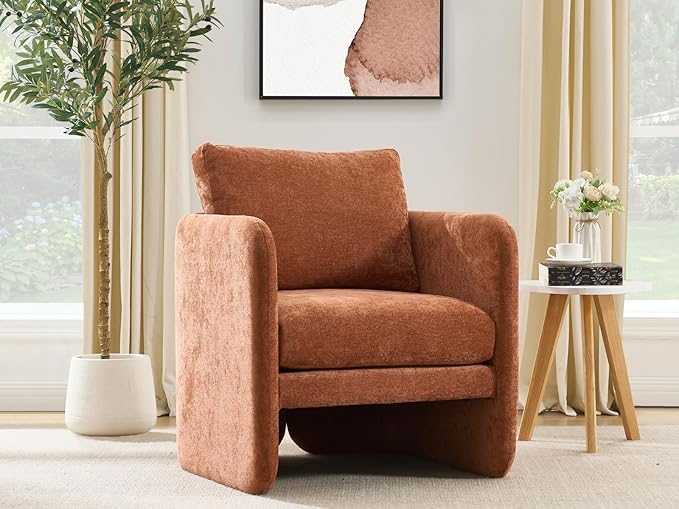 Modern Barrel Accent Chair, Mid-Century Beige Chenille Fabric Armchair for Living Room, Comfy Upholstered Reading Accent Chairs Single Sofa Chair for Bedroom Waiting Room Office,1 PCS, Orange
