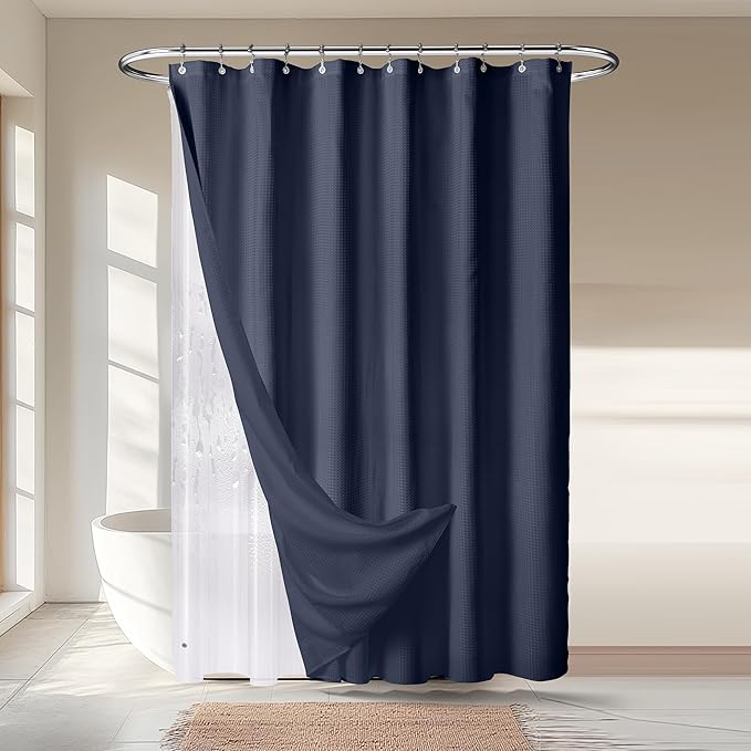 River Dream 3 in 1 Shower Curtain Set, Waffle Fabric Shower Curtain and Waterproof Clear Liner Set with Double Sided Metal Hooks, Navy Blue, 72" W*84" H