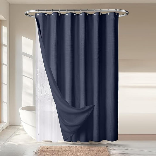 River Dream 3 in 1 Shower Curtain Set, Waffle Fabric Shower Curtain and Waterproof Clear Liner Set with Double Sided Metal Hooks, Navy Blue, 72" W*72" H