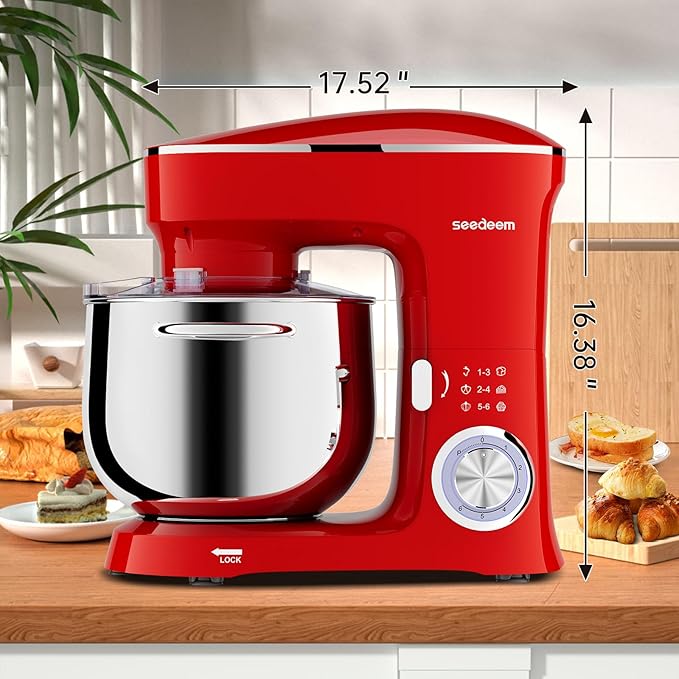 SEEDEEM Stand Mixer, 8.5 Qt 660W Tilt-Head Kitchen Mixer with 6+P Speeds, Dough Hook, Wire Whip & Beater, Dishwasher-Safe Attachments, Red – Ideal for Baking & Daily Use, Red