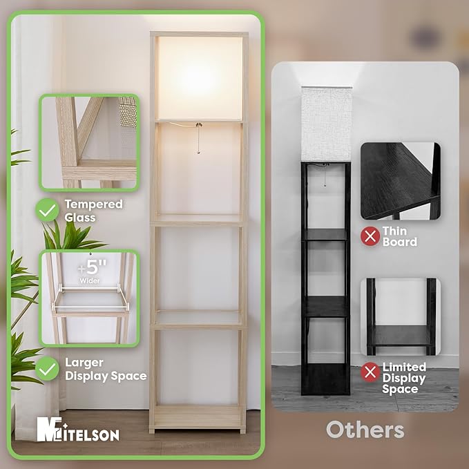 Floor Lamp with Shelves, Modern Standing Lamp with Tempered Glass, Large Display Shelf Lamp, Tall Lamps with Shelves for Living Room, Bedroom, Office, Ashen Oak