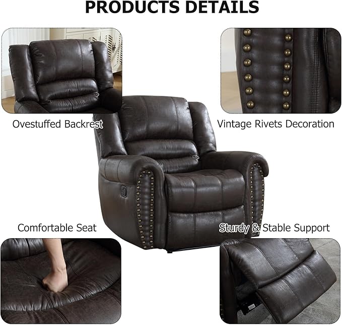 CANMOV Leather Recliner Chair, Classic and Traditional Manual Recliner Chair with Comfortable Arms and Back Single Sofa for Living Room, Dark Grey