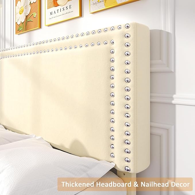 VECELO Twin Size Platform Bed Frame with Storage Drawer, Adjustable Velvet Rivet Decor Headboard, Wooden Slats Support, No Box Spring Needed, Easy Assembly