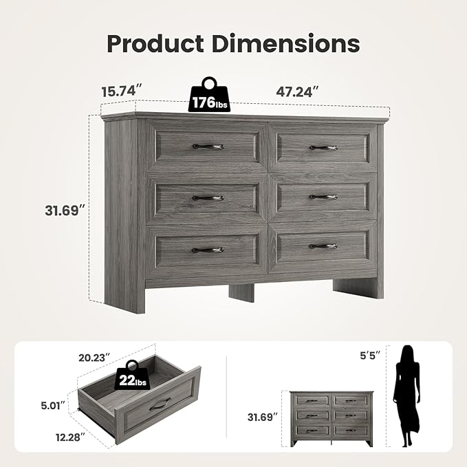 Amada Farmhouse 6 Drawer Dresser for Bedroom, 47.2 Inch Wide Wood Dresser with Natural Texture, Large Drawers, Rustic Farmhouse Chest of Drawers for Bedroom, Living Room, Hallway, Gray