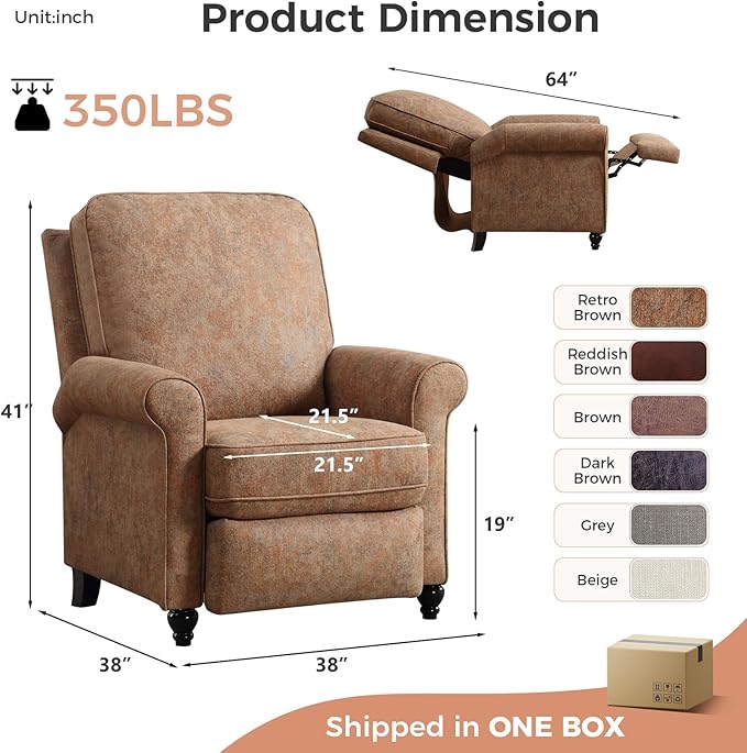 ANJ Push Back Recliner Chair, Textured Fabric Overstuffed Wingback Recliner, Adjustable Pushback Chair with Padded Seat and Back, Single Reclining Sofa for Living Room, Bedroom(Retro Brown)