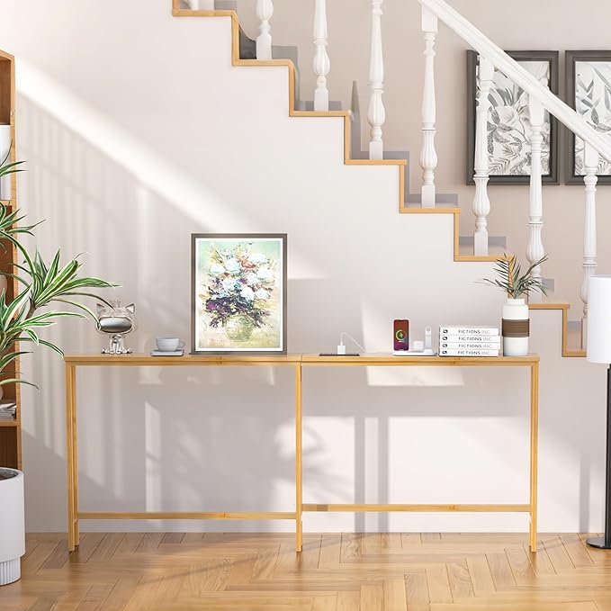 VASMIA 70.9 Inch Narrow Console Table with Outlet,Bamboo Behind Couch Sofa Table,Skinny Hallway Table for Entryway Living Room,Foyer,Natural