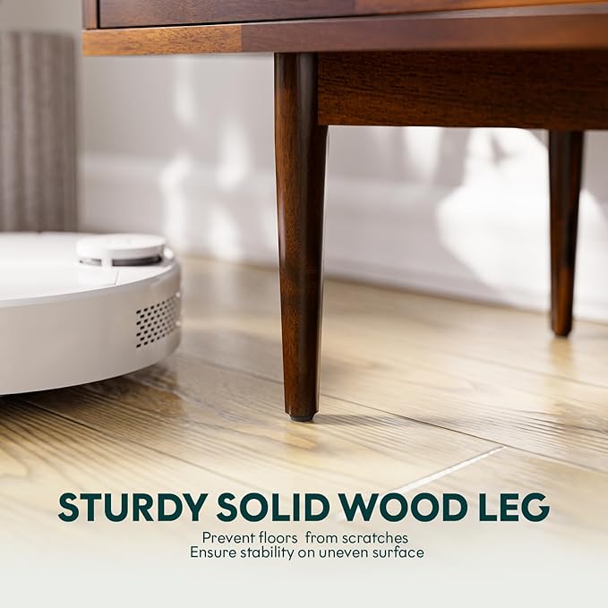 Bme Oliver TV Stand for TVs up to 55", Mid-Century Solid Wood TV Console with Natural Rattan Door, Media TV Console, Entertainment Center with Storage, Fluted Media Cabinet for Living Room, Walnut