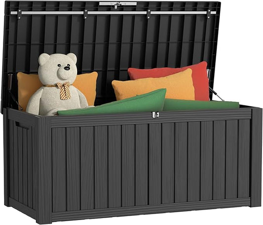 120 Gallon Outdoor Storage Box, Resin Waterproof UV-Resistant Deck Box with Hydraulic Lid Support, Reinforced Stability for Patio, Garden, and Poolside, Striped Black