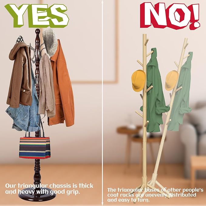 73 in Wood Coat Rack, Coat Rack Freestanding with Stable Round Base, Adjustable Height Tree Coat Racks Stand for Home Bedroom Office Hallway Entryway (Fenghuang Gou Rosewood)