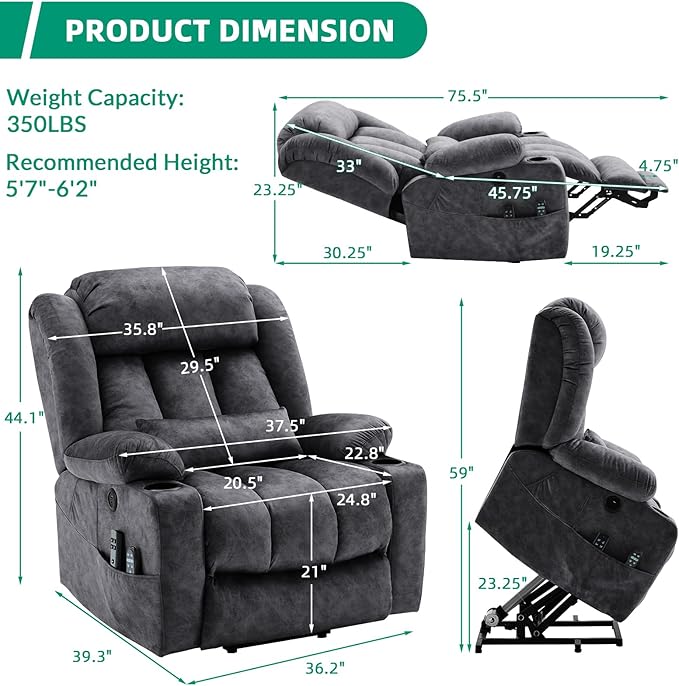 VIVIJASON Tall Man Large Dual Motor Power Lift Recliner Chair with Extended Footrest, Oversized Lay Flat Sleeper Electric Recliner W/Heat & Massage, Lumbar Pillow, USB & Type-C Ports, Plush Gray