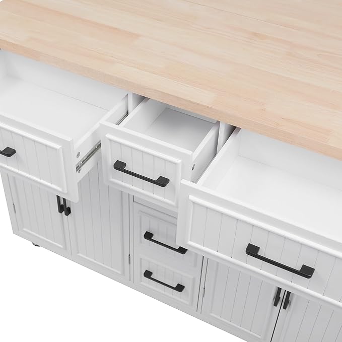 56.5" Kitchen Island with Drop Leaf, Power Outlet, Embossed Vertical Stripe Rolling Kitchen Cart on Wheels with 4 Doors, 5 Deep Drawers and Adjustable Shelves for Dining Room, White