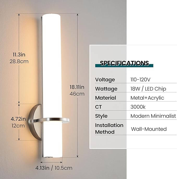 Brushed Nickel Bathroom Sconces Wall Lighting 18W LED Dimmable Vanity Light Fixture, 3000K Modern Wall Light Fixtures Indoor Wall Lamps for Bedroom Living Room Mirror Hallway Porch 18 inch