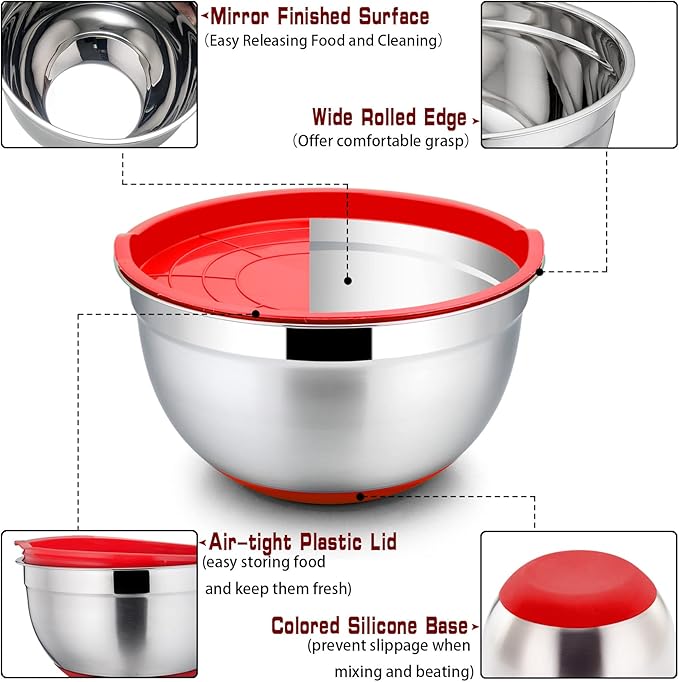P&P CHEF Mixing Bowls with Lids Set of 5, Stainless Steel Nesting Salad Bowl with Lid & Base for Non-slip Mixing Prepping Storing Serving, 5 Sizes-7/3.5/2.5/1.5/1 QT, Red