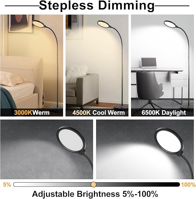 LED Floor Lamp, Living Room Lamps, 3 Color Temperatures Bright Modern Tall Lamp, Adjustable Gooseneck Standing Lamp with Remote & Touch Control,Floor Lamp for Living Room, Bedroom, Office