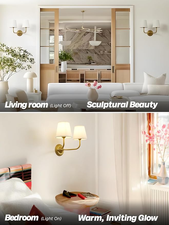 Vintage 2-Lights Fabric Wall Sconce with White Cloth Shade, Double Arm Wall Lamp Fixture for Bathroom Bedroom Living Room Hallway