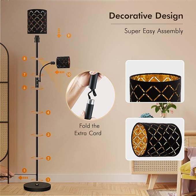 Gothic Black Floor Lamp with Adjustable Reading Light, 71" LED Torchiere Standing Lamp with Gold-Lined Shade, 3-Way Switch, Bulbs Included — Moody Industrial Decor for Bedroom & Living Room