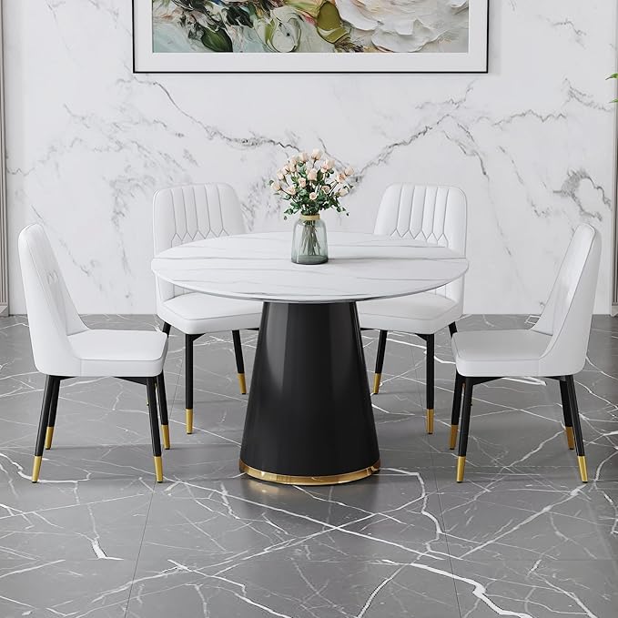 45 Inch Round Dining Table Set for 4, 5 Piece Kitchen Table and Chairs Set, White Faux Marble Table Top, Small Space Dining Set for Apartment or Dining Room