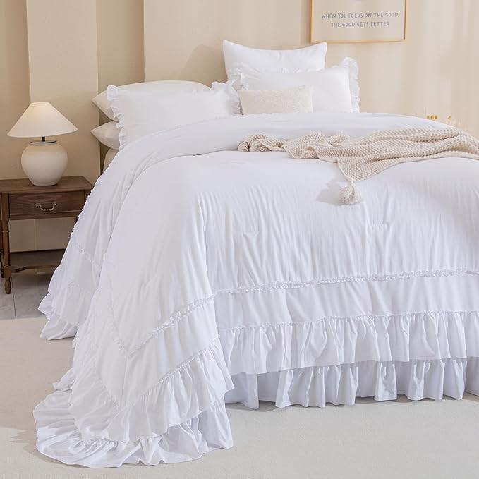 QSH White Oversized California King Ruffle Bed Comforter Set 128x120, Farmhouse Shabby Vintage Ruffled Comforter French Country Rustic Bedding Comforter Microfiber Fluffy Soft Bedding 3 PCs