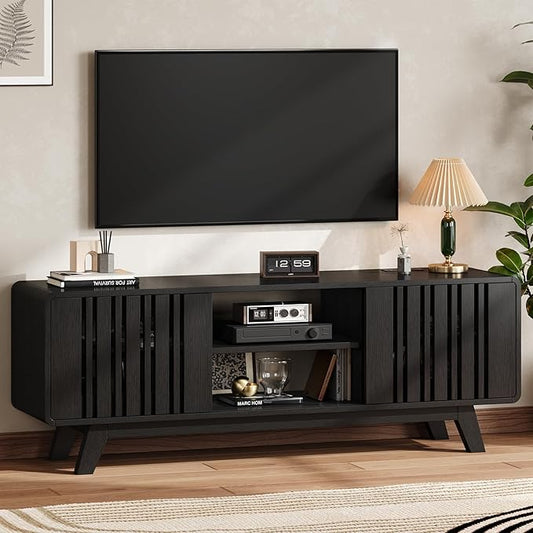 63-Inch TV Stand for TVs up to 75 Inch, Mid-Century Modern Television Stand with Power Outlet， Entertainment Center with Sliding Grille Door Cabinets and Open Shelves for Living Room, Black