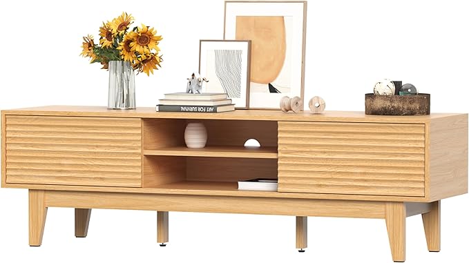 Wooden Fluted TV Stand for 55 65 70 inch TV, Long & Large TV Media Console Table with Storage Cabinets, Boho Farmhouse Entertainment Center for Living Room, Bedroom - Natural Wood