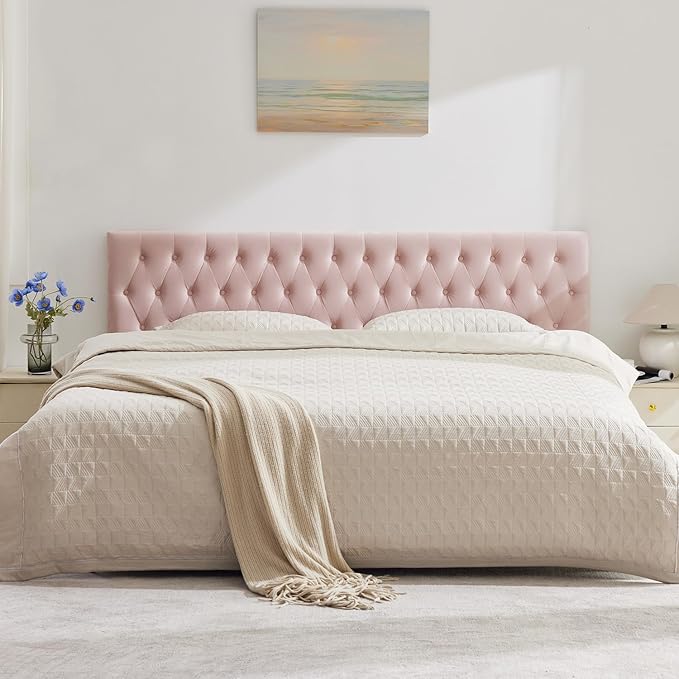 Kingfun Tufted Upholstered Queen Size Bed Headboard in Modern Button Design, Adjustable Solid Wood Head Board, Premium Velvet Fabric Padded Headboards in Bedroom (Pink)