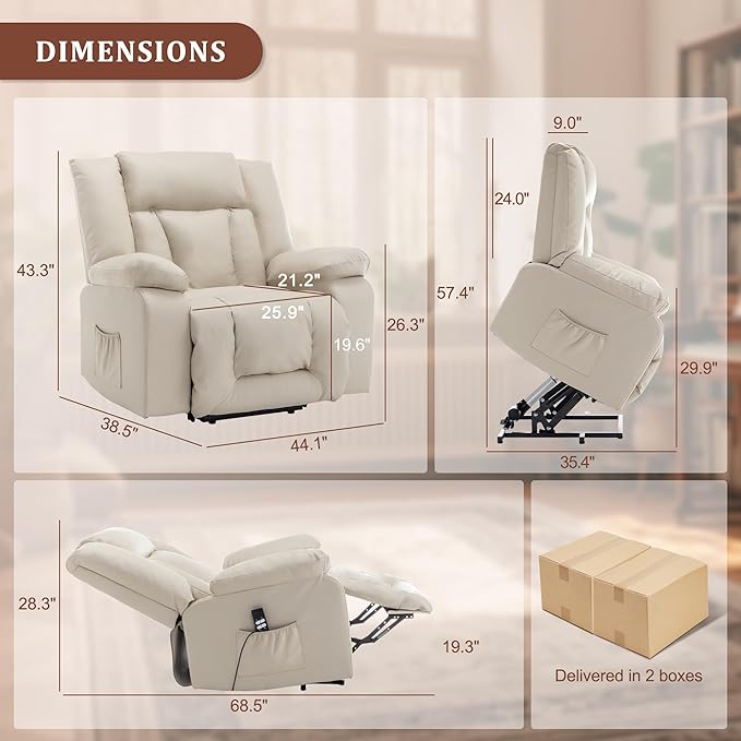 Oversize Dual Motor Power Lift Recliner for Adults, Electric Lift Chair with Heating and Massage, Waffle Leather Electric Recliner Chair with Side Pockets, Wide Recliner for Living Room