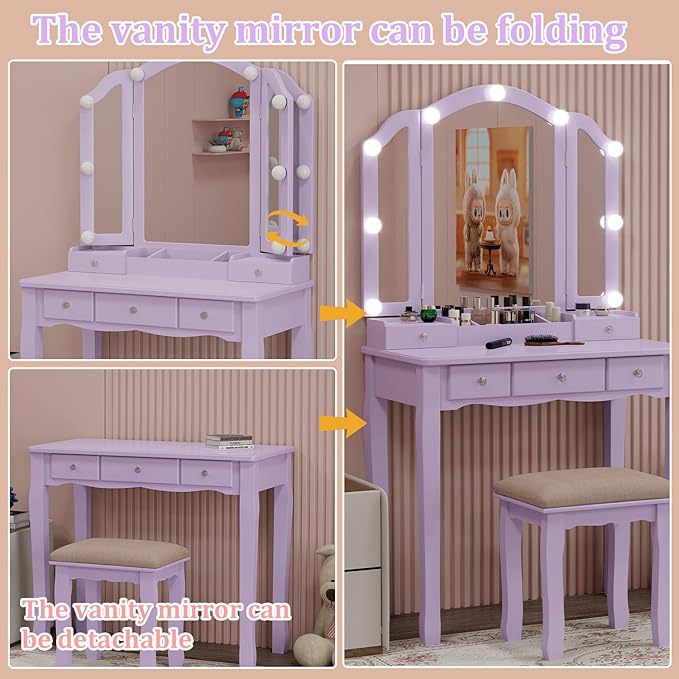 Purple Vanity Desk with Mirror and Lights Purple Vanity for Girls Makeup Vanity Desk with Lights Vanity Table with Lighted Mirror Make Up Vanity Desk with Drawers and Chair Set