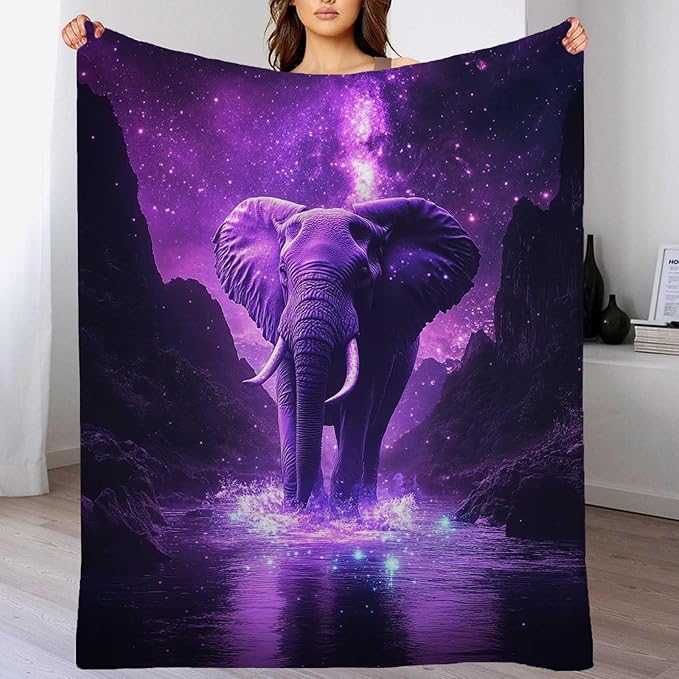 Elephant Throw Blanket, Elephant Gift for Women Men, Fleece Purple Print Pattern, Soft Plush Lightweight for Couch, Sofa, Bed and Living Room Decor, 50x60 inches