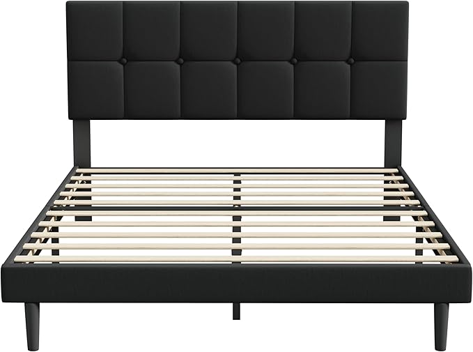 Queen Size Bed Frame, Queen Size Platform Bed Frame with Headboard, Upholstered Headboard, Sturdy Wooden Slats, Noiseless No Box Spring Required, Easy to Assemble, Black