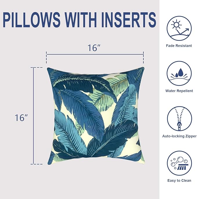 Outdoor Throw Pillows 16x16 Inch, Water Repellent Patio Pillows with Inners Set of 2, Outdoor Pillows for Patio Furniture Home Garden, Swaying Palms Blue