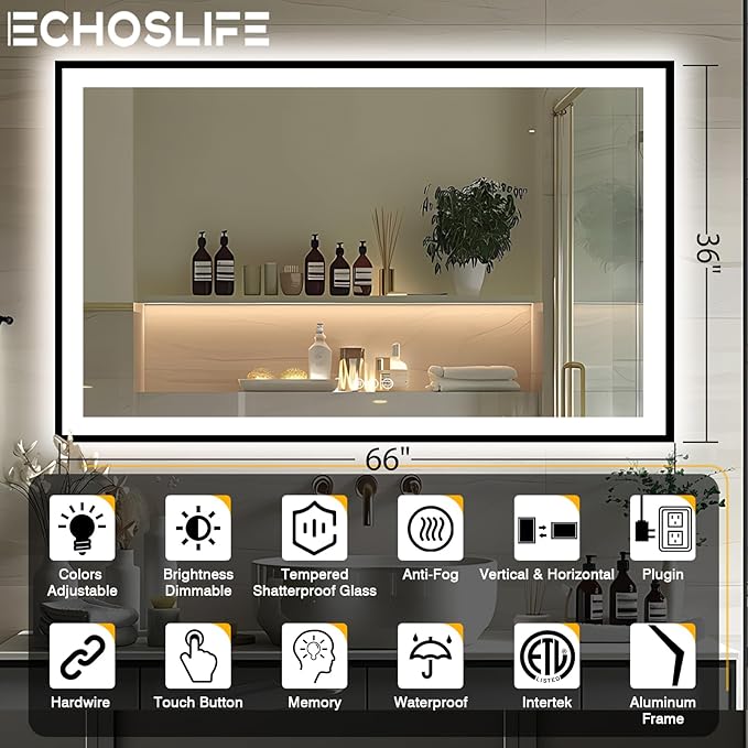 66x36 LED Lit Bathroom Mirror - Black Framed, Front and Backlit LED Mirror, Anti-Fog Bathroom Mirror with Lights, 3 Colors Stepless Dimmable Mirror, Touch Sense (Horizontal/Vertical)
