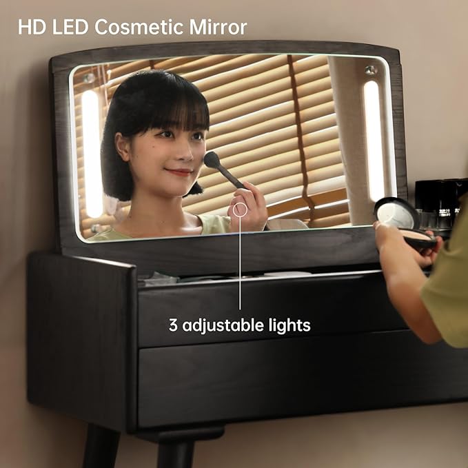 Small Vanity Desk with LED Mirror, Solid Wood Flip-top Design Dressing Table with Drawer Divider, Vintage Dressing Table Vanity Desk for Bedroom, Black, 40" D x 17" W x 31" H