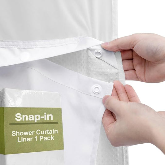 YellyHommy Waterproof Fabric Snap in Shower Curtain Liner Replacement with 2 Magnets 35" W x 55" L for 36" W x 75" L No Hook Shower Curtain - Removable & Detachable to Wash - White