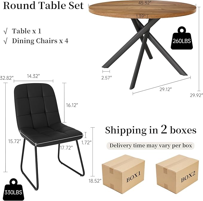 45.3 Inch Round Dining Table Set for 4, Mid Century Modern Small Coffee Set for Dining Room Kitchen Apartment (Light Walnut + 4 U-Shaped Black Chairs)
