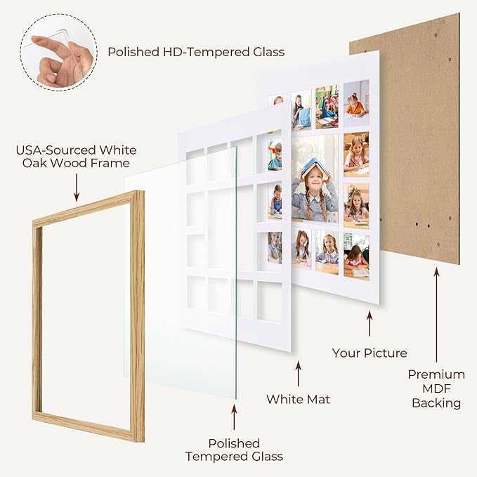 Axeman 12x16 School Years Picture Frame K-12 Day Graduation Photo Collage Solid Oak Picture Frame With Mat - Displays One 5x7 Photo and Twelve 2.5x3.5 Pictures, Hanging Hardware Included, Natural
