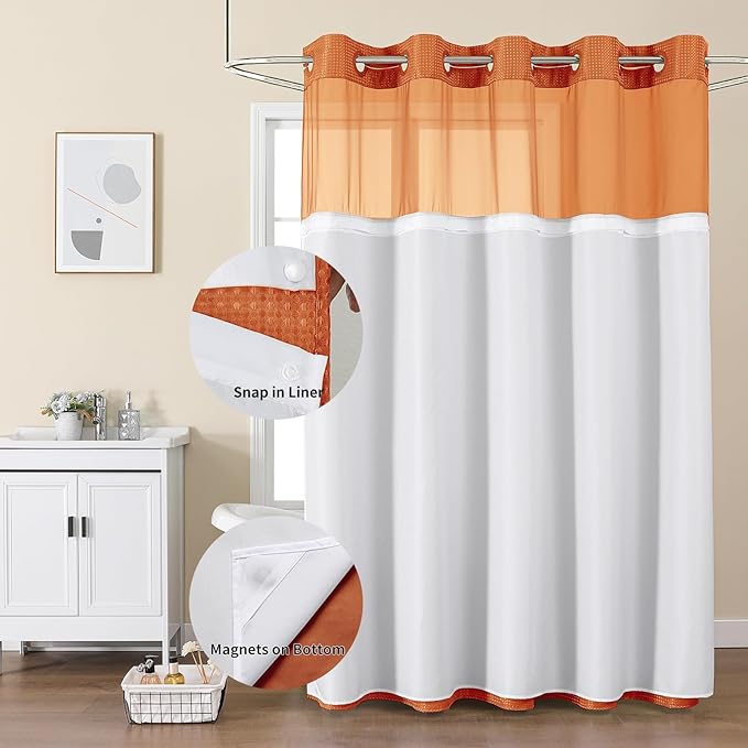 No Hook Shower Curtain with Snap in Fabric Liner, Waffle Weave Heavy Duty Thick Shower Curtains with Mesh Top Window, Hotel Style Waterproof Bathroom Curtain Set, 72 x 75 Inch, Burnt Orange