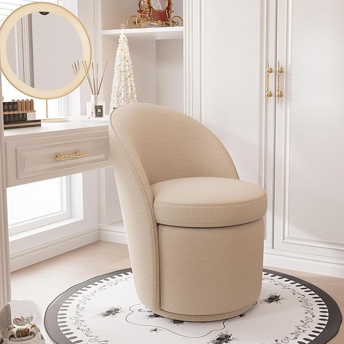 YOUNIKE Vanity Bench Boucle Fabric Coffee Solid Wood Swivel Accent Chair with Backrest Easy Assembly Dressing Stool for Bedroom & Makeup Room