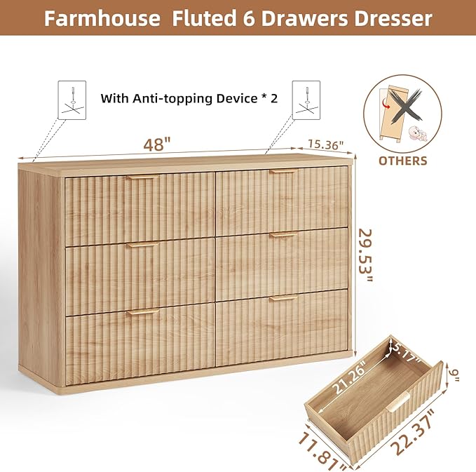 LEYAOYAO Fluted 6 Drawers Dresser for Bedroom, 48" Wide Modern Chest of Drawers with Metal Handle, Natural Curved Profile Farmhouse Closet Organizer Wood Dressers TV Stand for Living Room, Hallway