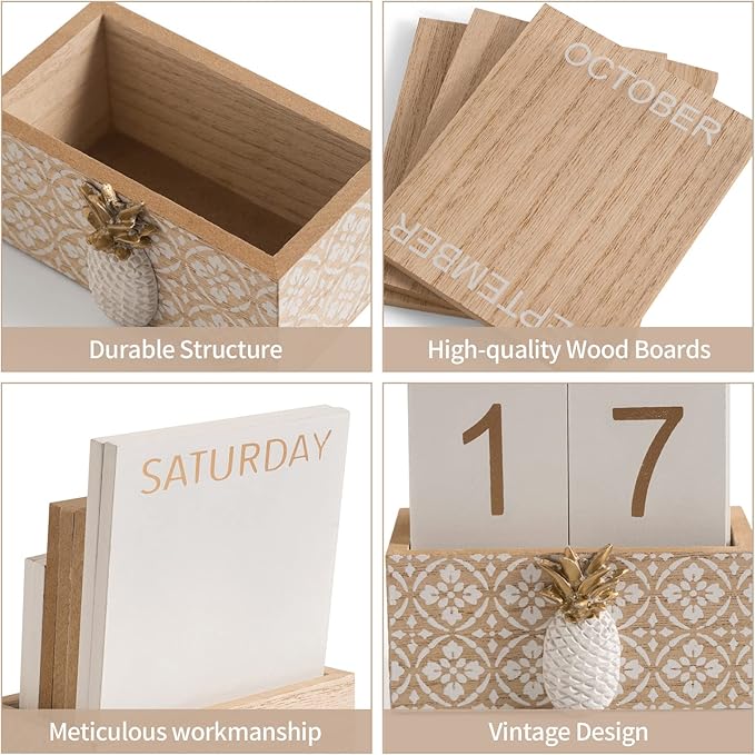 Block Calendar for Desk, Wood Desk Perpetual Calendar, Gift Daily Desktop Vintage Wooden Blocks for Home Farmhouse Office Aesthetic Decor Rustic Decoration Brown Pineapple