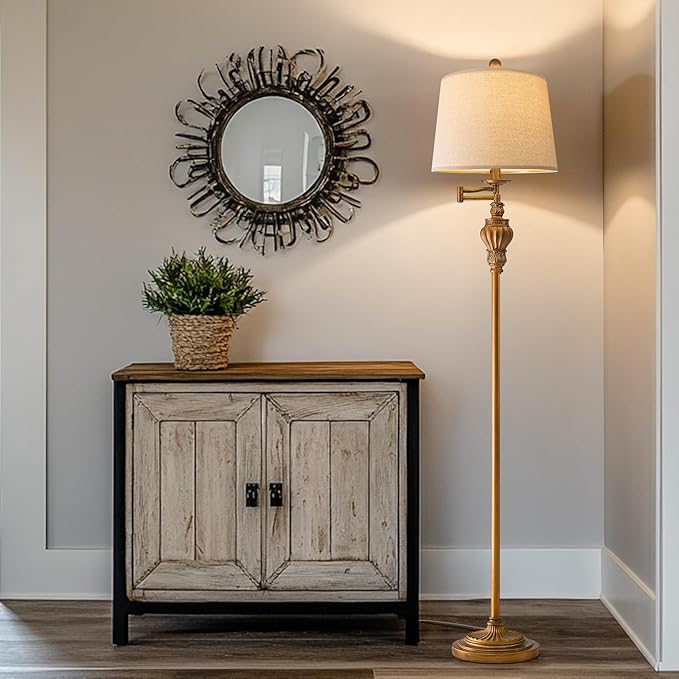 61" Vintage Floor Lamp with 350° Adjustable Swing Arm, Gold Standing Lamp for Bedroom Living Room Nightstand Bedside Retro Farmhouse Mid Century Lamp Light Home Décor Office Gifts