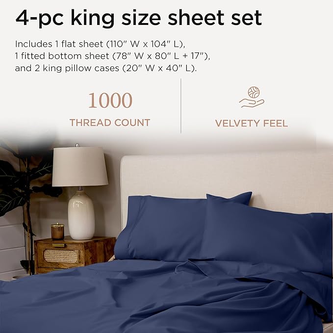 Threadmill American Supima King Size Cotton Sheets, 1000 Thread Count, 4 Piece Luxury Bed Sheets for King Mattress, 5 Star Hotel Quality Sheets with Elasticized Extra Deep Pocket, Folkstone Blue