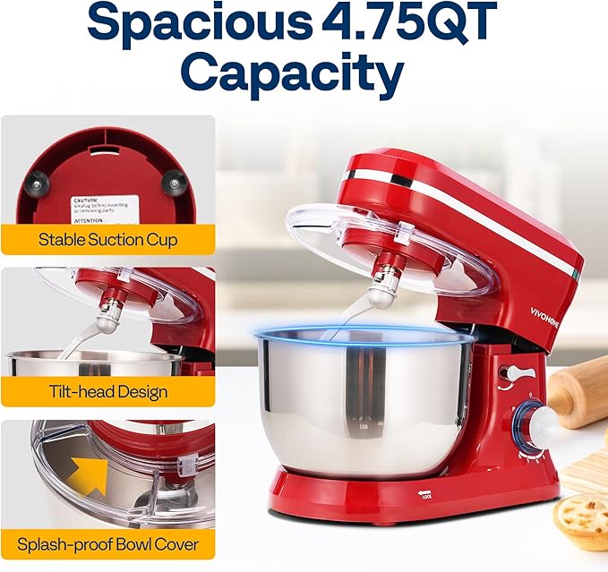 VIVOHOME 4.75 Quart Stand Mixer, 8 Speed Kitchen Electric Food Mixer, Household Stand Mixer for Baking, Cake, Bread with Beater, Dough Hook, Wire Whip and Egg Separator, Red