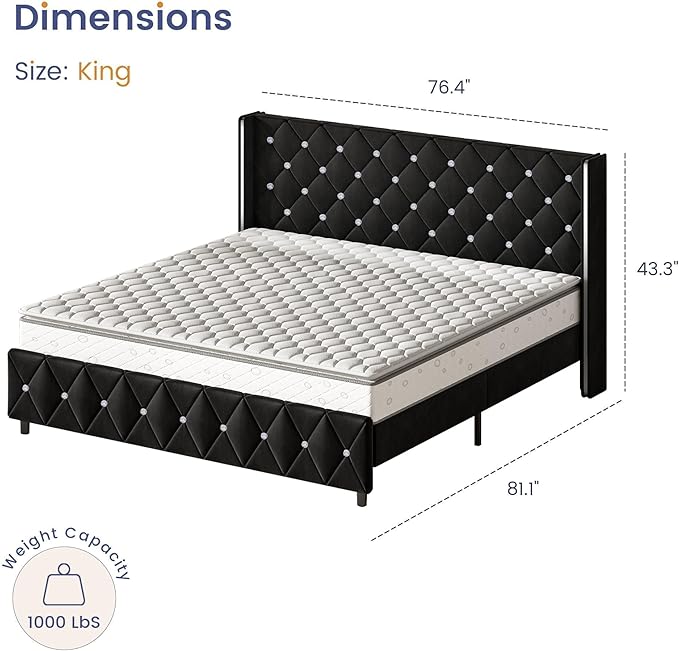 HOMBCK King Size Bed Frame Black, Velvet Upholstered Bed Frame King with Diamonds Tufted Headboard and Footboard, Wooden Slats Support, No Box Spring Needed, Easy Assembly, Black