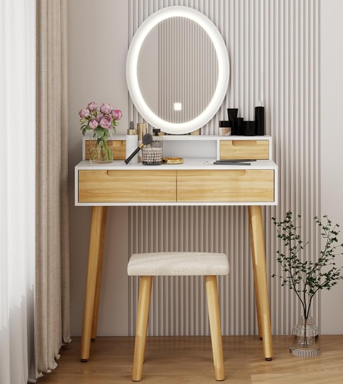 YOURLITE Makeup Vanity Desk with Lights, Small Vanity with Adjustable Brightness Mirror for Small Spaces, Dressing Table with Drawers (31.5", Oval Mirror Wood)