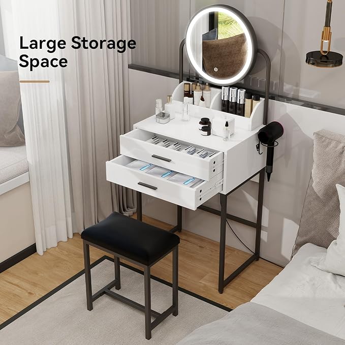 ARTETHYS Small Vanity Desk with Lighted Mirror and Lights Compact Makeup Set with Drawers for Bedroom Mini White Modern Dressing Table with Chair