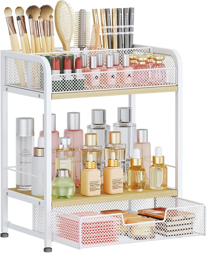 HapiRm Makeup Organizer Countertop with Drawer - Large Capacity Vanity Organizer with Dividers, Bathroom and Bedroom Desk Cosmetic Display Case for Storage Skincare, Makeup Brush, Dresser, Perfume