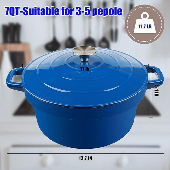 CUKOR 7QT Dutch Oven Pot With Lid, Enameled Cast Iron Dutch Ovens for Sourdough Bread Baking, Non-Stick Ceramic Dutch Oven Cooking Pot, Oven Safe, Blue (10 Pcs Bread Paper Liners)