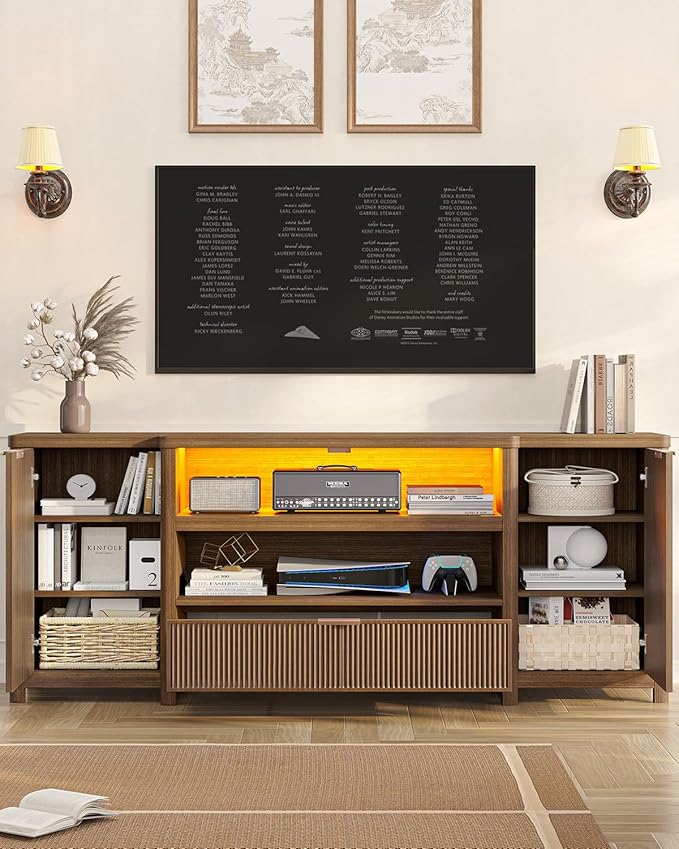 AOGLLATI Fluted TV Stand for Living Room, 71” Heavy-Duty TV Console Cabinet with Storage and Shelf, Mid Century Modern Television Stands with Drawers for 60/65/70/75/80 TV, Wood (Wood)