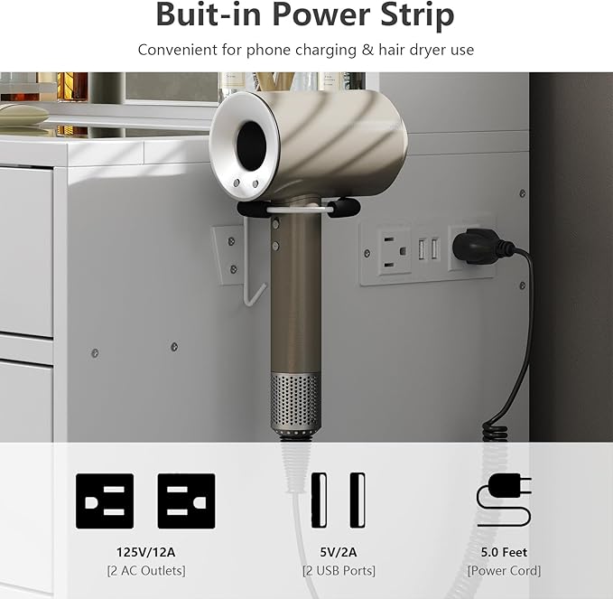 Vanity Desk with Power Outlet, 47'' W Makeup Table with Mirror and 12 LED Lights, 3 Color Lighting Modes, 11 Drawers Makeup Vanity with 4 Shelves, Fold-up Panel, Glass Top, Vanity Set for Bedroom